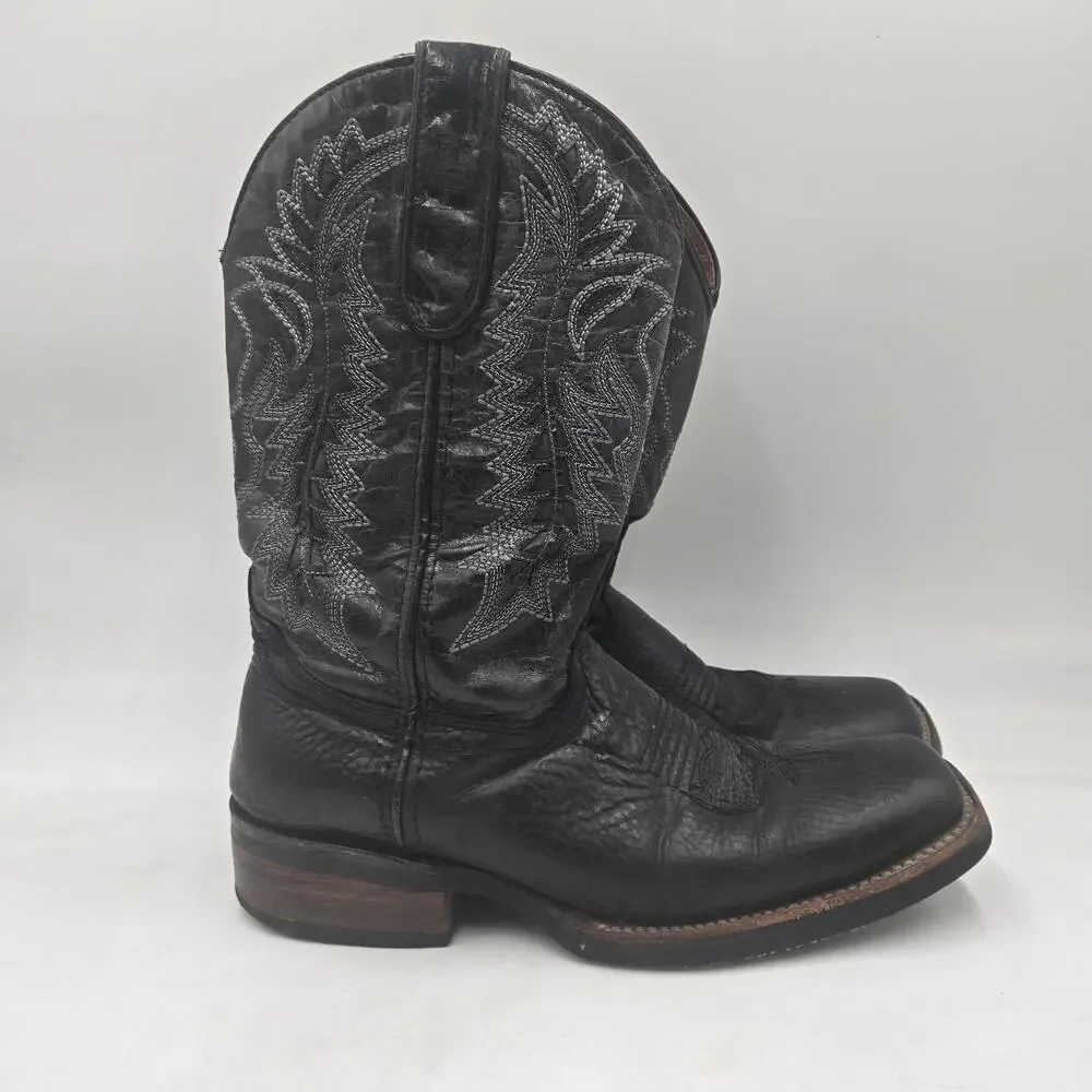 Mens 7.5 Black Genuine Leather Square Toe Western Cowboy Boots Contrast Stitch
